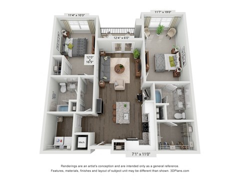 Floor plan for 2 beds, 2 baths, 1098 sqft